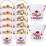 meekoo 12 Pcs 32oz Graduation Buckets with Handle Class of 2025 Versatile Plastic Treat Pail Bucket Bulk for Drinks Candy Cocktail Snack Gifts Grad Party Supplies(Red)