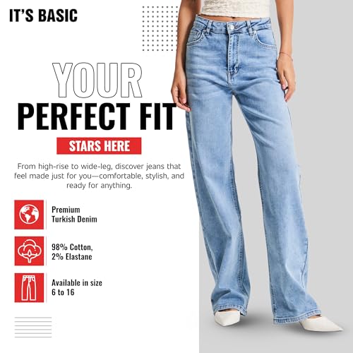 IT'S BASIC High Waisted Wide Leg Jeans for Women, Relaxed Fit Trendy Womens Jeans Stretchy Loose Denim Pants, Stonewashed2