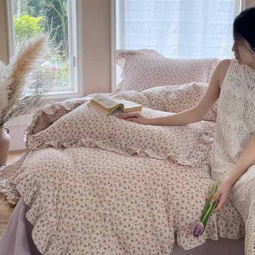 Image of BuLuTu Chic Shabby Purple Floral Duvet Cover Twin, Muslin Cotton Farmhouse Bedding Ruffles Comforter Cover, Kids Girls Boys Quilt Cover 68 inchx86 inch, No Pillow, Zipper & Corner Ties