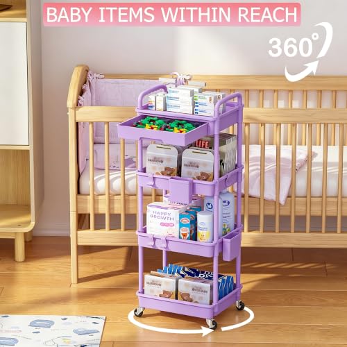 Image of REBECAT 4 Tier Rolling Cart with Drawer, Utility Storage Cart on Wheels for Kitchen, Bathroom, Living Room,Office(Purple)