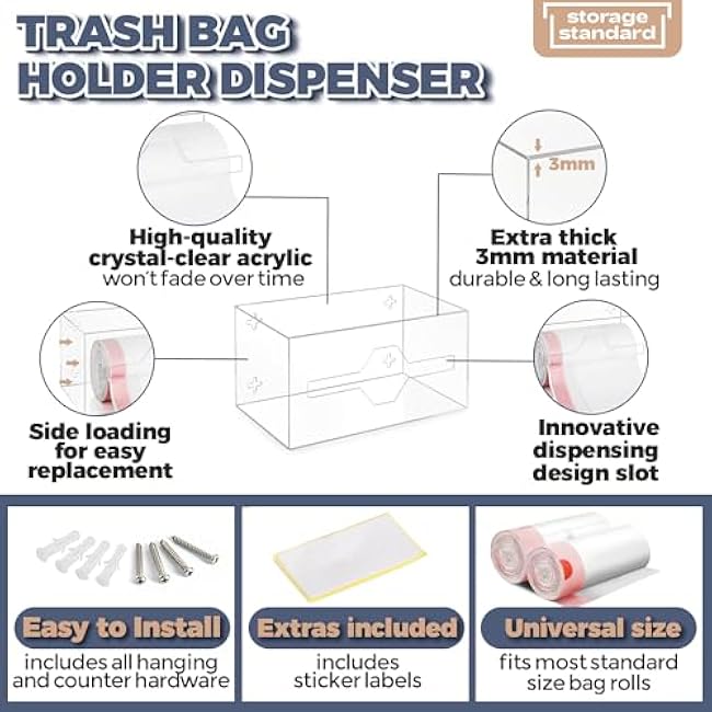 Storage Standard Trash Bag Holder Dispenser - Acrylic Bags Dispensing Roll Holder, Garbage Liner Holder for Cabinet, Garbage & Under Sink - Organizer for Home or Shops - Small
