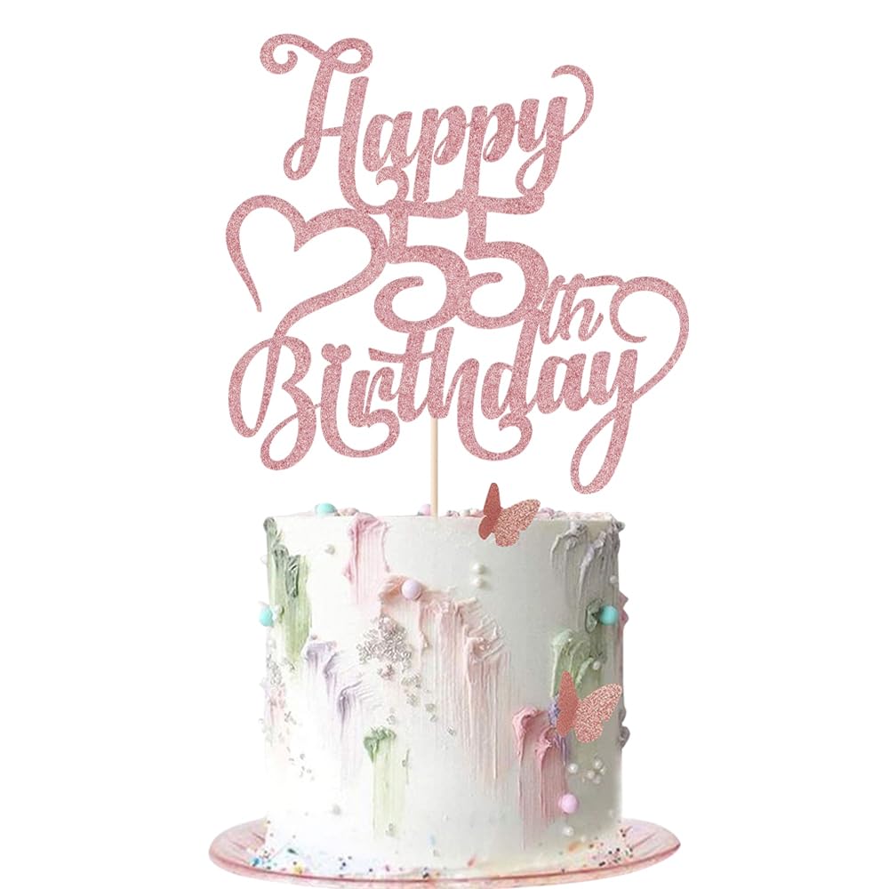 AROKIPPRY Rose gold Glitter Happy 55th Birthday Cake Topper - 55 Anniversary/Birthday - Hello 55, Cheers to 55 Years,55 & Fabulous Cake Topper Party