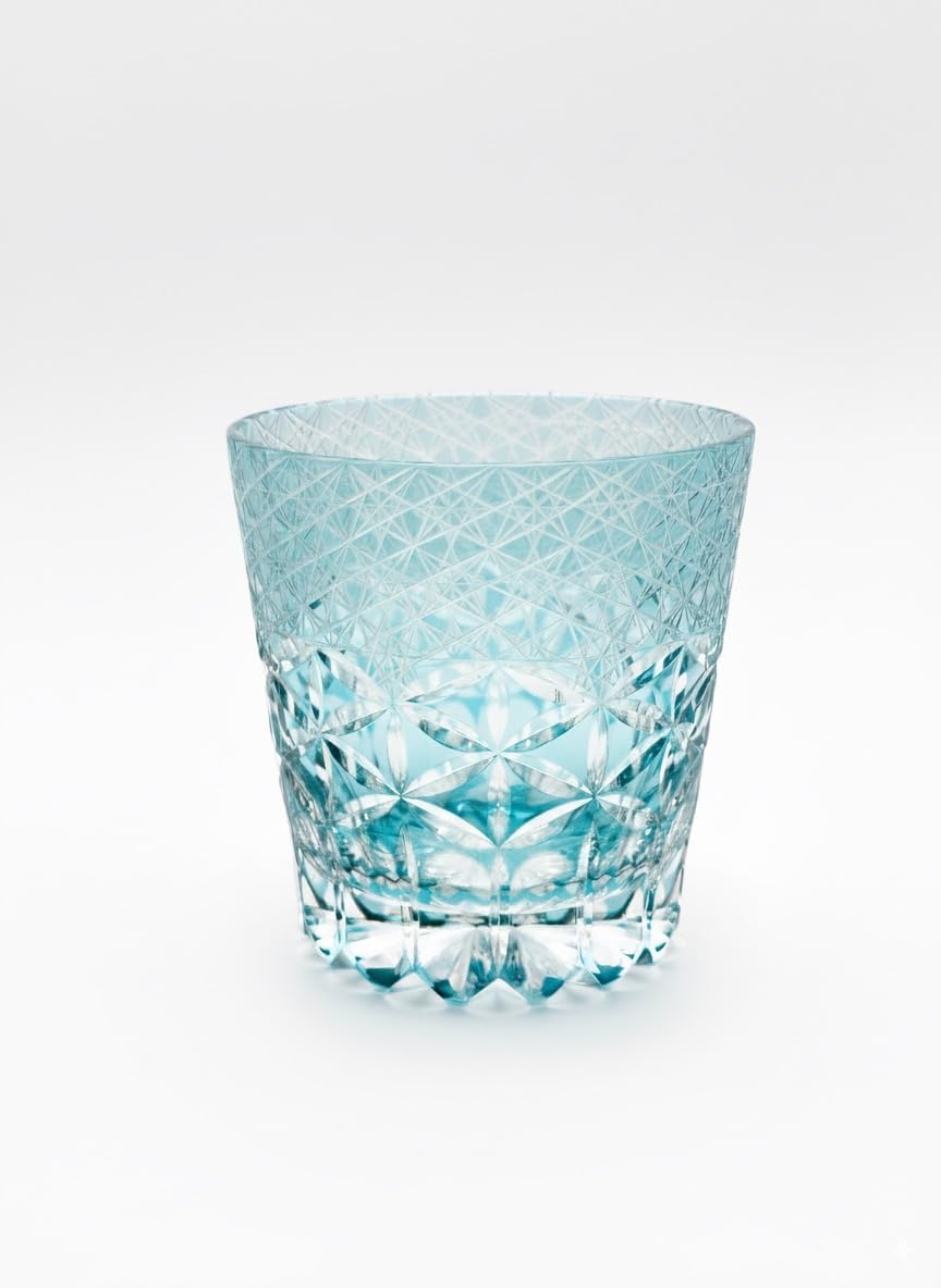 Whiskey Glass – Japanese Edo Kiriko Style 10 oz Handcrafted Ocean Blue Tumbler for Bourbon, Scotch, and Cocktails, Elegant Barware Gift