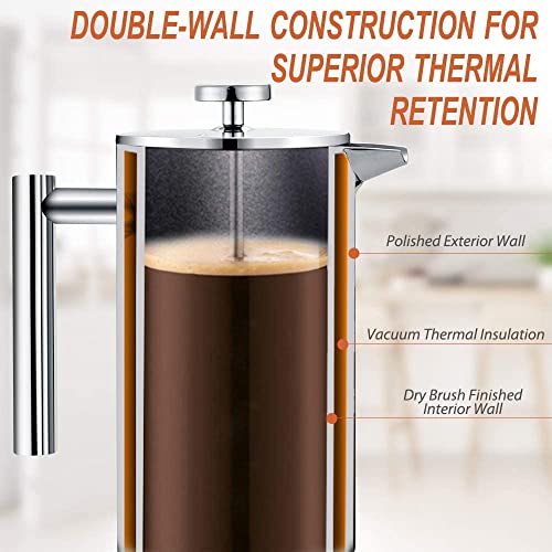 MaxMiuly Cafetiere Stainless Steel Coffee Press Double Wall French Press 4 Cup (Silver, 600ml), 0.6l - Image 3