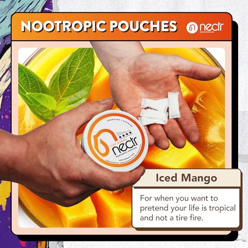 Image of Nectr Energy Nootropic Pouches - Iced Mango Flavored, Caffeine Pouches with Cognizin Citicoline. Sugar-Free Brain Treats. Smooth, Sustained Focus & Energy Supplement - 1 Puck of 16pcs