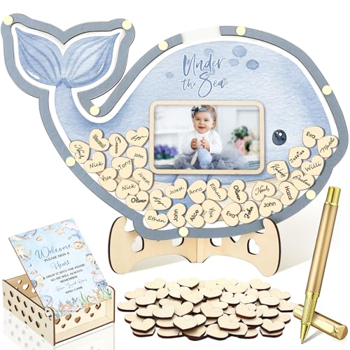 Image of Wenqik 63 Pcs Under the Sea Baby Show Guest Book Alternatives Set Baby Shower Decorations with Photo Frame Sonogram Frame Keepsake 60 Wood Slices Guest Book for Birthday
