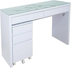 Dresser Desk with Width 120 cm, Wagon Set Alice with Mirror Finish, 2-Drawer Dressing Table, Makeup Table, Dresser Table with 2 Outlets, Side Hook (Marble Glass Top, White, with Wagon)