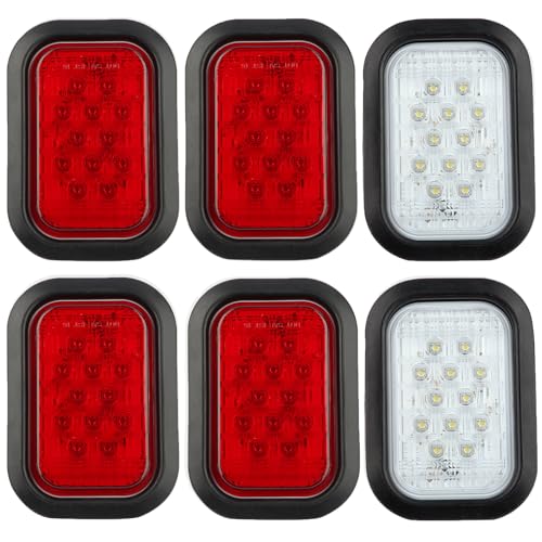Partswcgg 6Pcs 5x3 Rectangle LED Stop/Turn/Tail/Brake & Backup Reverse Truck Trailer Tail Hitch Flatbed Lights 12 LED w/Grommets & 3 Prong Wire Pigtail Plug Kit IP67 Waterproof (4xRed+2xWhite)