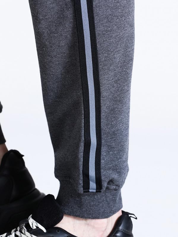 Image of CROCODILE Men Solid French Terry Joggers | Classic Fit | Mid Rise | Drawstring Closure | Ankle Length | Casual Wear Navy Melange
