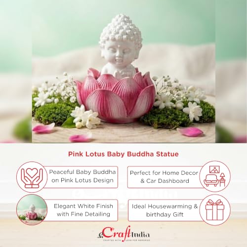 Image of eCraftIndia Pink Lotus Baby Buddha Statue Showpiece for Home Decor | Living Room, Bedroom, Office & Car Dashboard