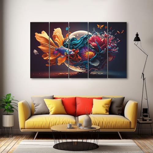 Image of The Castle Decor Abstract Art Multiple Frames Wall Painting for Living Room, Bedroom, and Hotels - Wooden Framed Digital Artwork (Multi Color - Design 6, 27x48 Inch)