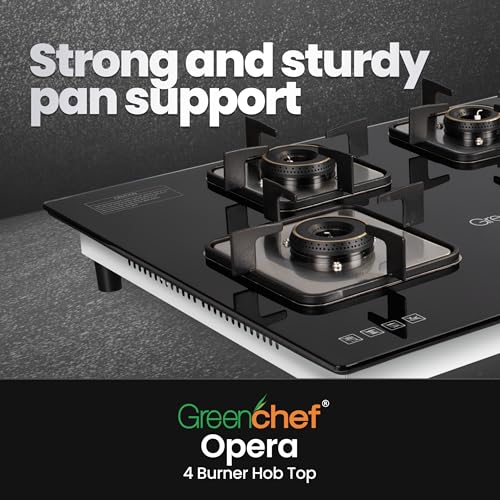 Image of Greenchef Opera Hob top Four burner gas stove - Auto Ignition, Toughened Glass, LPG Compatible, Sleek and compact design