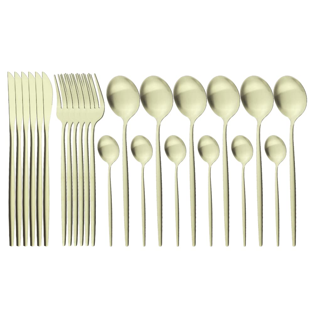 Besteck- und Essbesteck-Set, 24-teilig, Mattes Besteck-Set, Edelstahl-Geschirrset, Messer, Gabel, Löffel, Tafelservice, Küchenbesteck, Geschirrset for Zuhause, Schwarz,Besteck(Champagne)