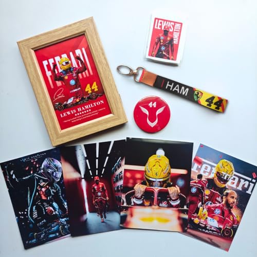 Image of TenorArts Lewis Hamilton F1 Gift Box Merchandise for Fans - 5x7 Inches Laminated Photo Frame,1 Keychain, 1 Badge, 4 4x6 inches Posters, 10 Multi sized F1 Stickers - 5 items in 1 Box | Perfect for Gifting F1 Fans