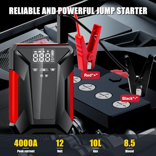 Jump Starter with Air Compressor, 4000A Peak Car Battery Jump Starter Portable (up to 10L Gas or 8.5L Diesel) with Emergency LED Light, Leather Storage Bag - Thumbnail 2