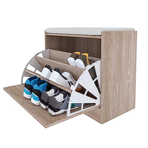 Scarpiera Cassapanca Portascarpe In Legno Salvaspazio Capiente 9 Paia Di Scarpe Tripla Anta A Ribalta Con Seduta Imbottita In Similpelle Panca Per Ingresso Dimensioni 60 x 30 x 48 cm (Rovere)