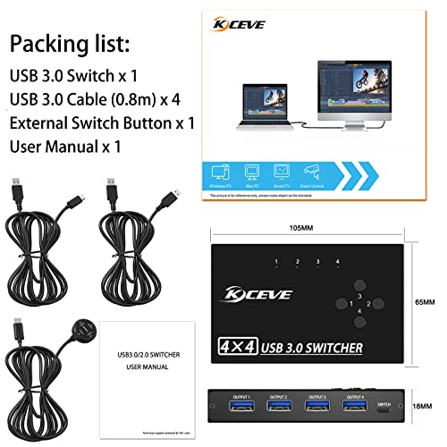 Image of USB 3.0 Switch Selector 4 Port,MLEEDA KVM Switcher 4 Computers Sharing 4 USB Devices,USB Peripheral Switcher for Keyboard Mouse Printer Scanner,with Wired Remote Button and 4 USB 3.0 Cable