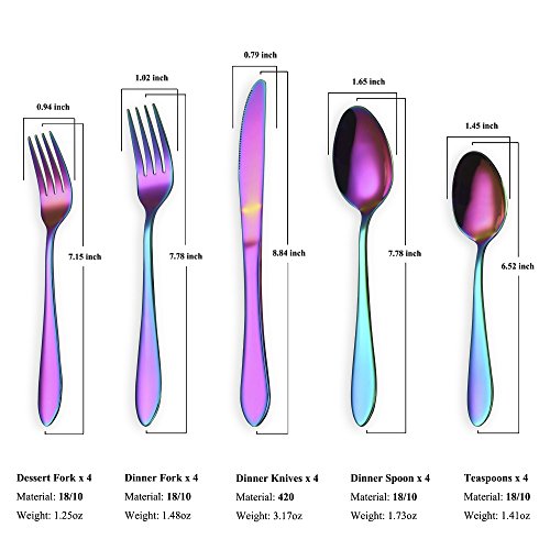 Titanium Colorful Plated Stainless Steel Flatware Set 20 Piece, Colorful Flatware Set, Rainbow Silverware Set Service for 4 (Shiny Colorful)