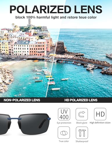 Image of BIRCEN Mens Polarized Sunglasses for Driving: Rimless UV Protection Sun Glasses with Al-Mg Frame for Fishing Traveling Golf