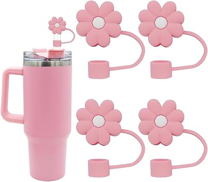 Flower Straw Covers Toppers for Stanley Cups 30&40 Oz Valentines Gift 4PCS Silicone Straw Caps Reusable Straw Tips Protectors for Stanley Cup 10mm 0.4in Straws Pink