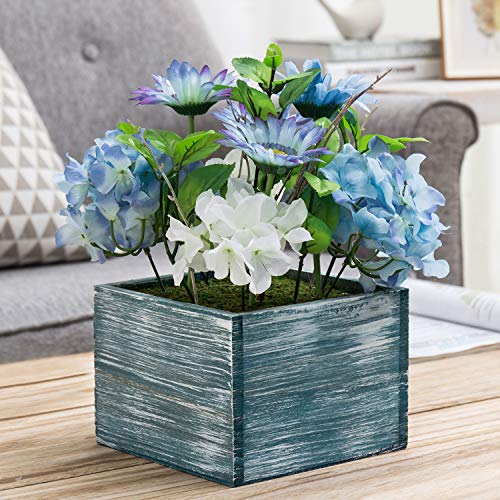 Mygift White And Violet Artificial Flowers For Decoration, Faux Floral Arrangement In 7-Inch Rustic Blue Wood Planter Box #TOP17