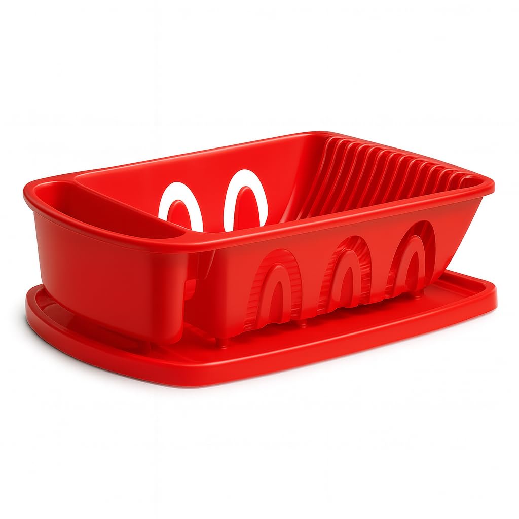 Tribello Sink Dish Drying Rack, Heavy Duty Hard Plastic Sink Set with Drainer (Red)