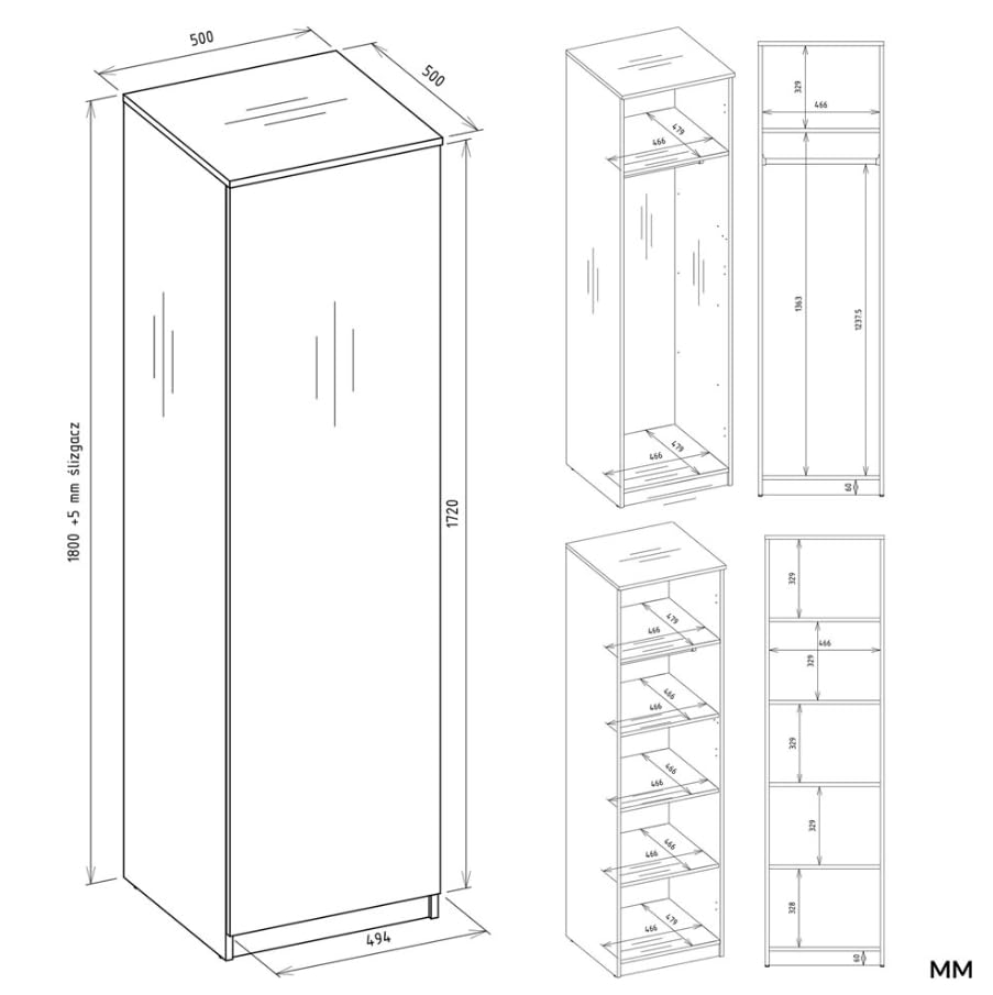 BDW SD-50 - Armadio 50 x 50 x 180 cm, 4 ripiani, ideale per una camera da letto, corridoio, cameretta dei bambini o ufficio, appendiabiti (bianco)