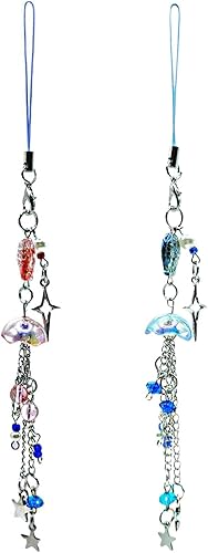 Meefisher 2 piezas de lindos dijes de medusas y estrellas para teléfono, accesorios estéticos, cordón de corazón azul y rojo para bolso y mochila, 2