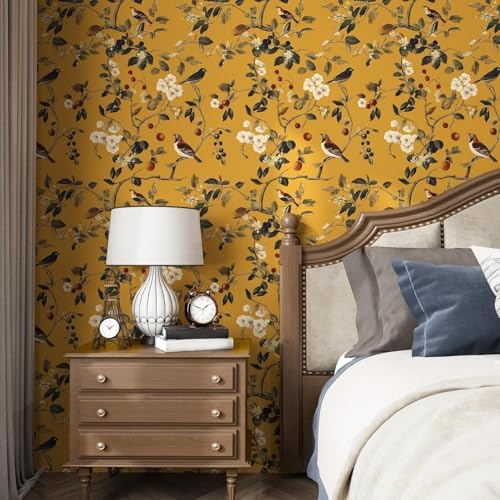Vintage Bird Wallpaper 17.5"x393" Yellow Chinoiserie Floral Wallpaper Peel and Stick Removable Waterproof Self Adhesive Boho Wall Paper Floral Contact Paper for Bedroom Walls Cabinet Locker — view 5