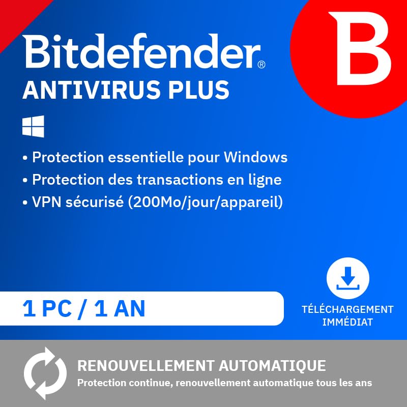 Bitdefender Antivirus Plus| 1 Appareil | 1 An | PC | Code d’activation par email | Renouvellement Automatique