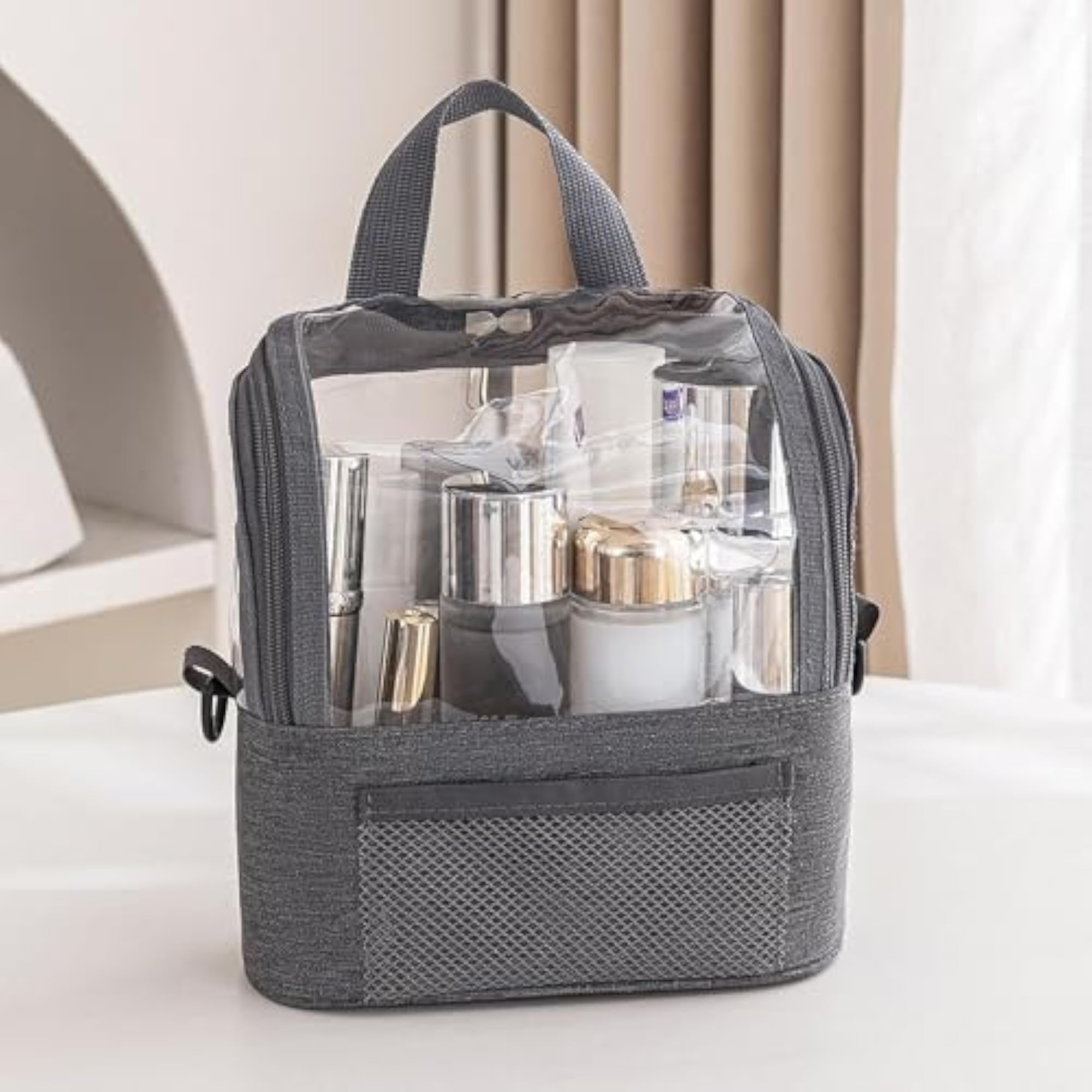 Women's Clear Travel Toiletries Makeup Wash Pouch, Gray