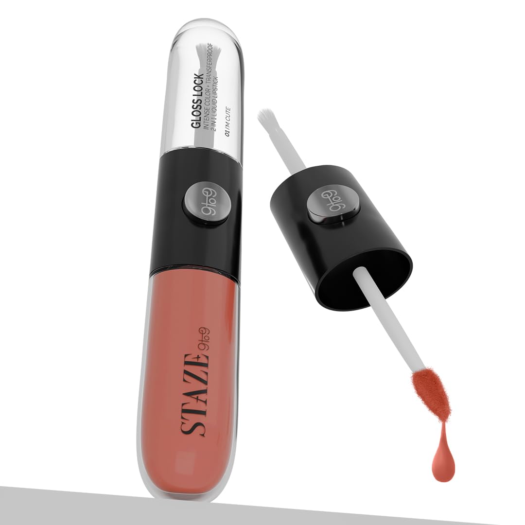 Staze 9to9 Gloss Lock 2-In-1 Liquid Lipstick | Lip Gloss For Long-Lasting Fuller & Plump Lips|Transfer-Proof & 12h Long Stay with Intense Color Payoff|Lightweight & Comfortable|01 I'm Cute|7g
