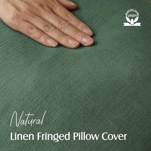 Image of Foindtower Set of 2 Decorative Linen Fringe Throw Pillow Covers Cozy Boho Farmhouse Cushion Cover with Tassels Soft Accent Pillowcase for Couch Sofa Bed Living Room Home Decor, 16x16 Inch, Pine Green