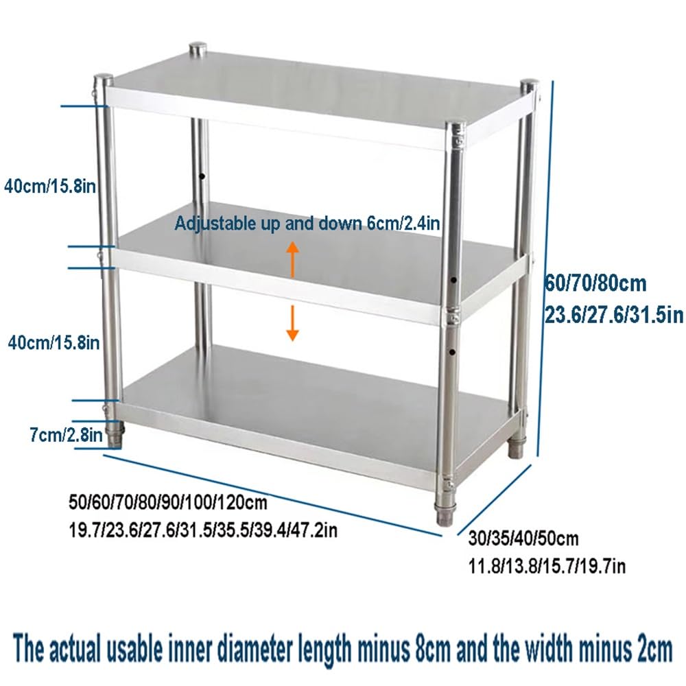 Scaffale da cucina compatto a 3 ripiani da parete in acciaio inox, resistente, color argento, per casa e ristorante (60 x 30 x 100 cm)