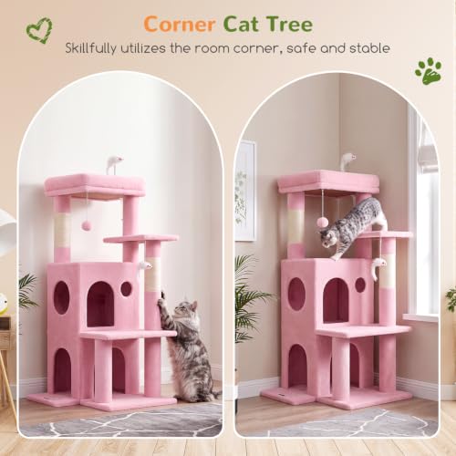 Image of Globlazer Cat Tree Tower for Indoor Cats, 50-inch Adult Cat Tree House for Large Adult Cats with Steps, Scratching Post, 2 Cat Caves, Dangling Toys, FC50, Pink