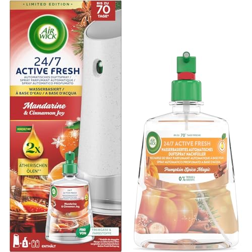 Air Wick Active Fresh - Ambientador automático a base de agua, set de iniciación Baked Apple & Cinnamon Joy y recambio de 228 ml Pumkin Spice Magic