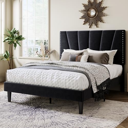 Image of Allewie Full Size Velvet Platform Bed Frame with Adjustable Headboard Black | Height-Adjustable Velvet Headboard, Rivet-Style Nailhead Trim, Wooden Slat Support, No Box Spring Needed, Easy Assembly