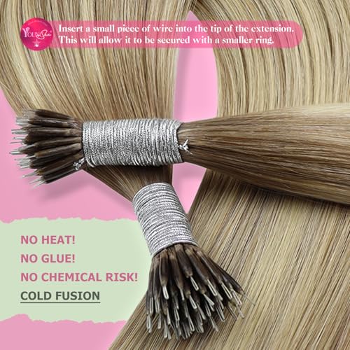 Image of YoungSee Nano Ring Hair Extensions Brown Balayage Nano Hair Extensions Human Hair Light Brown with Platinum Blonde 24 Inch Nano-Loop Remy Hair Cold Fusion 50g 50 Strands for Date Nights