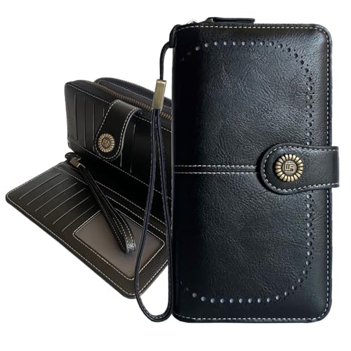 Womens Wallet Leather Wristlet Wallets For Women Phone Clutch Large Capacity Long Billfolds Bifold Zipper Purse Credit Card Wallet For Ladies (Black)