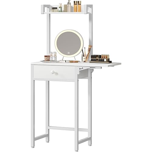 Small Vanity Desk Without Mirror, Makeup Vanity Table for Small Space, Compact White Dressing Table with Fold-up Panel and Fabric Drawer, for Bedroom, Easy Assembly, White