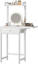 Small Vanity Desk Without Mirror, Makeup Vanity Table for Small Space, Compact White Dressing Table with Fold-up Panel and Fabric Drawer, for Bedroom, Easy Assembly, White