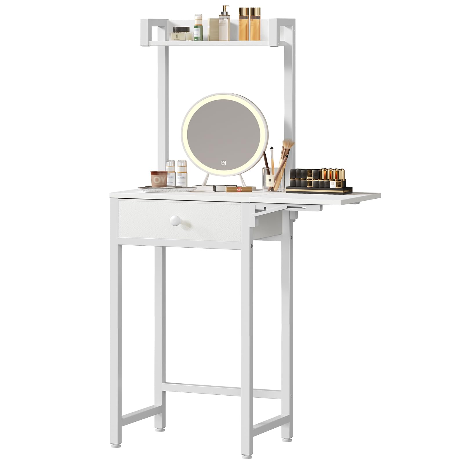 Small Vanity Desk Without Mirror, Makeup Vanity Table for Small Space, Compact White Dressing Table with Fold-up Panel and Fabric Drawer, for Bedroom, Easy Assembly, White-image-34