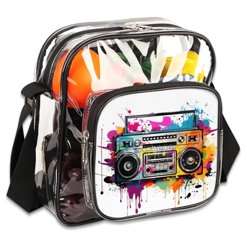 Clear Crossbody Bag Stadium Approved Colorful Radio Transparent Bag for Festivals, Sports Events, Concerts,Beach Bag for Women Men Clear Purse with Front Pocket Messenger Bag with Adjustable Strap