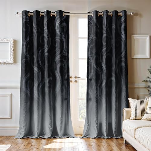 Image of Ultimate Trends Room Darkening Digital Printed Modern Curtain 65-70% Opacity,Diamond Eyelets, Tie Back, Modern Prints, 6 FEET Pack of 2,Charcoal Mist Swirl