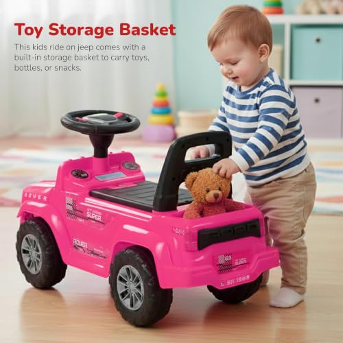 Image of Baybee Rover Baby Ride on Car for Kids | Push Ride on Toys Car with Backrest & Toy Storage Basket | Portable Rideons Jeep with LED Lights & Music | Kids Toy Car to Drive 1-3 Years (Pink)