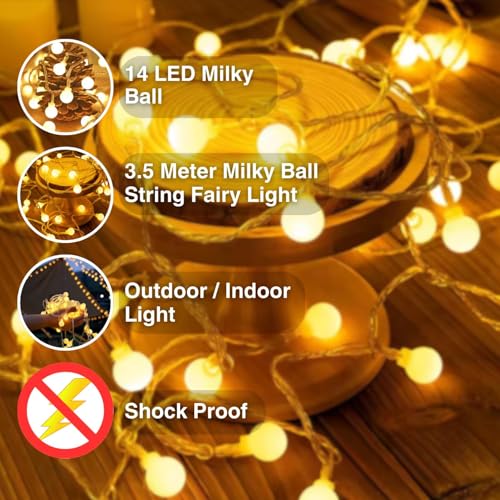 Image of MoonlitDreams 3M 14LED Milky Ball LED Curtain String Lights - Pooja Mandir Decoration Ball Fairy Lights for Window, Festival, Diwali, Christmas, Wedding, Party & Home Decoration