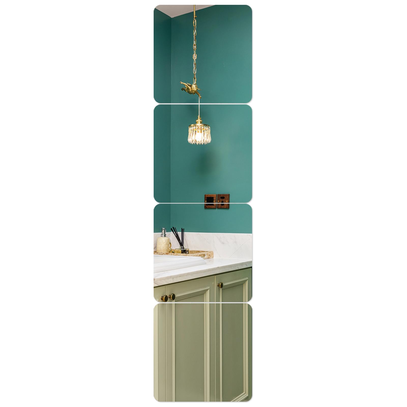 WEISIPU Full Length Mirror Tiles - Set of 4, 8"x8" Self-Adhesive Acrylic Wall Stickers for Bedroom, Bathroom, Home Gym - Flexible Non-Glass Dressing Mirror Plastic Sheet Tiles for Wall Decor