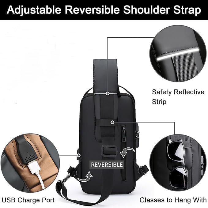 GadgetBite Waterproof Anti-Theft USB Crossbody Sling Bag Travel Chest Bag with Charging Port for Men & Women, Secure Shoulder Bag for Sports, Hiking, Outdoor Activities & Everyday Use - Black 2