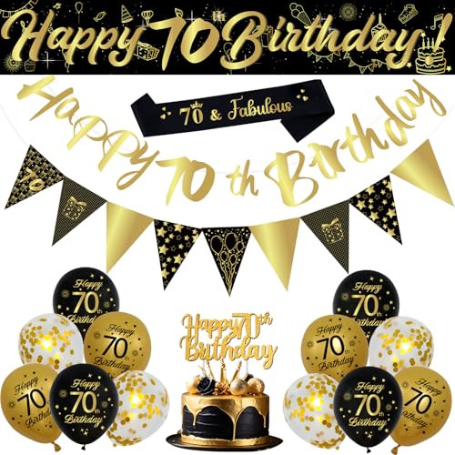 70th Birthday Decorations Set 18Pcs Black Gold Balloons Kit with Sash Banners Triangle Flags Cake Topper Black Gold and Sequin Balloons for Men and Women 70th Birthday Party Decorations Supplies