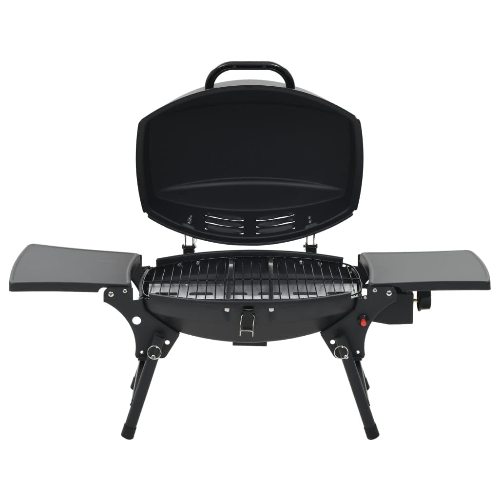 Przenośny grill gazowy, czarny, ze strefą gotowania, stal malowana proszkowo, 103 x 47 x 97 cm, powierzchnia grillowania 0,15 m², zapłon piezoelektryczny, składane półki, 2 rolki na taras